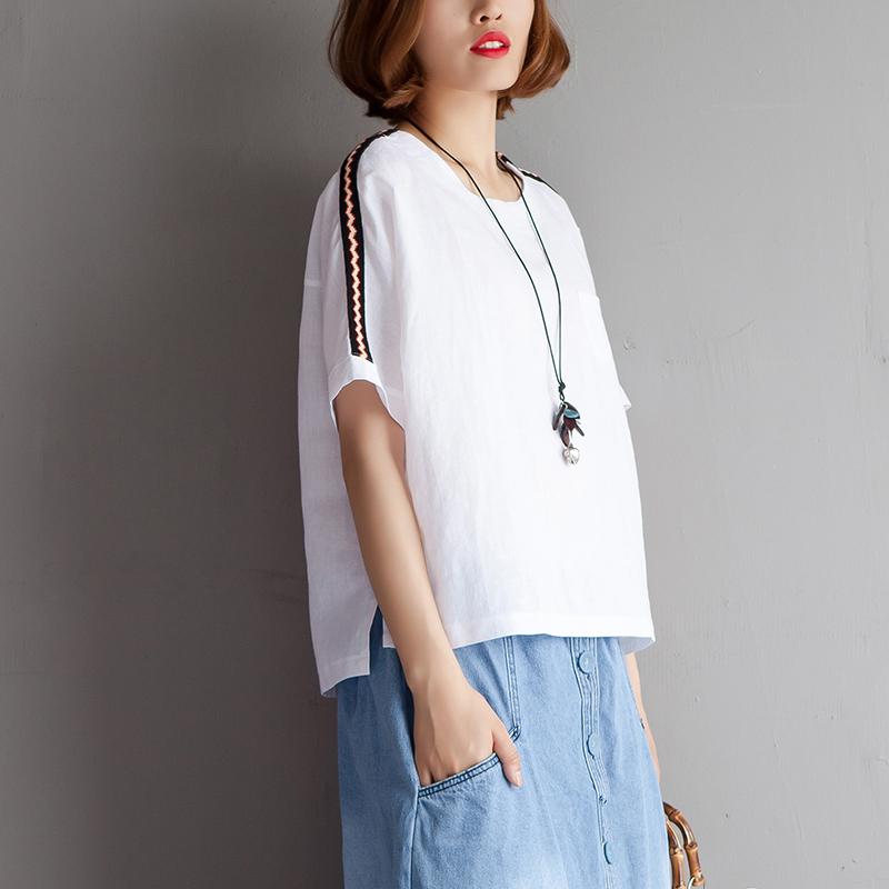 Elegante Bluse aus Baumwollleinen in Übergröße, High-Low-Saum, kurzärmelige weiße Sommerbluse