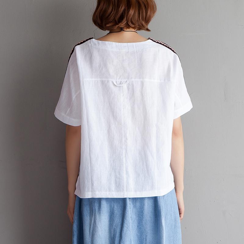 Elegante Bluse aus Baumwollleinen in Übergröße, High-Low-Saum, kurzärmelige weiße Sommerbluse