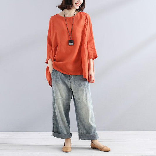 Elegante Baumwoll-Leinen-Bluse trendig plus Größe Loose Casual Simple Damen gefaltetes oranges Hemd