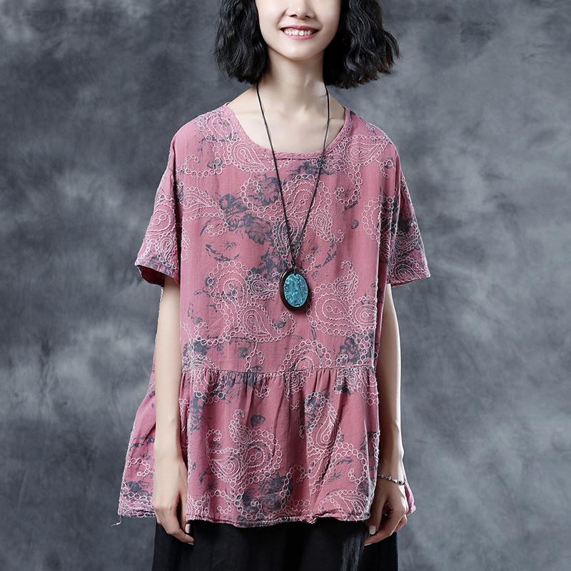 Elegante Blusen aus Baumwollleinen in Übergröße, plissiert, Sommer, kurzärmelig, Stickerei, rosa, lockere Bluse