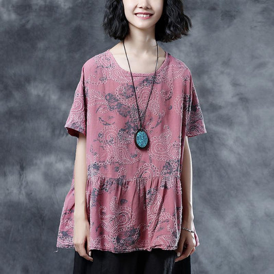 Elegante Blusen aus Baumwollleinen in Übergröße, plissiert, Sommer, kurzärmelig, Stickerei, rosa, lockere Bluse