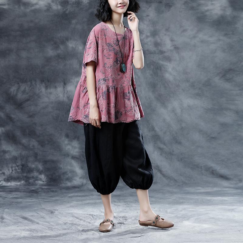 Elegante Blusen aus Baumwollleinen in Übergröße, plissiert, Sommer, kurzärmelig, Stickerei, rosa, lockere Bluse