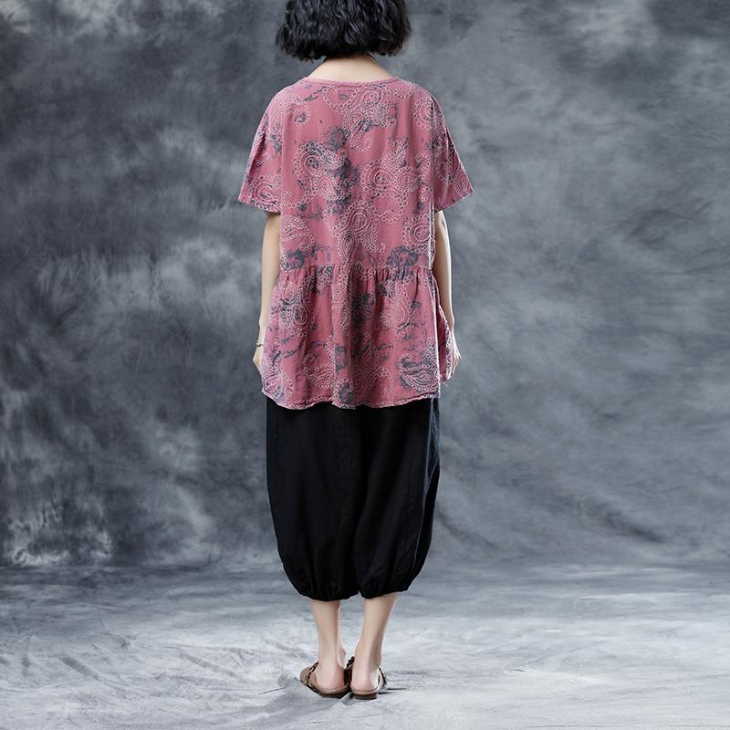 Elegante Blusen aus Baumwollleinen in Übergröße, plissiert, Sommer, kurzärmelig, Stickerei, rosa, lockere Bluse