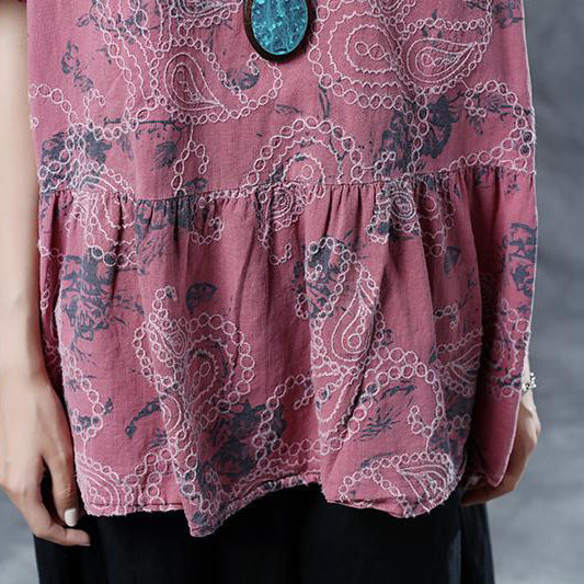 Elegante Blusen aus Baumwollleinen in Übergröße, plissiert, Sommer, kurzärmelig, Stickerei, rosa, lockere Bluse