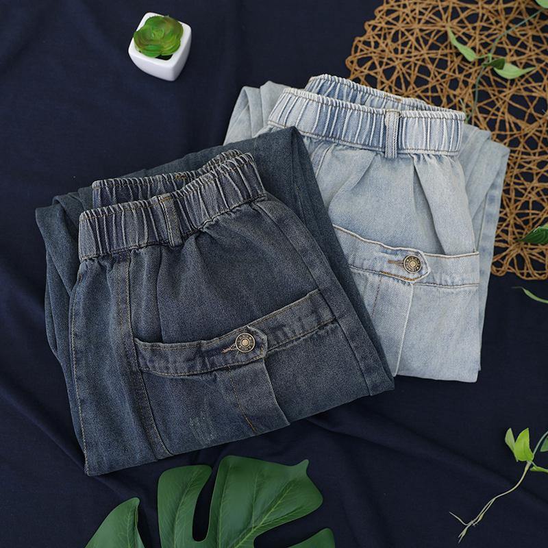 Elegant dark denim blue trousers summer pockets Cotton shorts - SooLinen