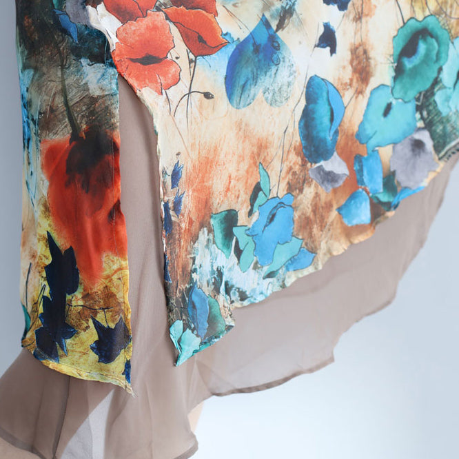 Elegantes Chiffonkleid mit Blumenmuster, Urlaubskleider in Übergröße 2018, kurzärmliges, seitlich offenes Chiffonkleid