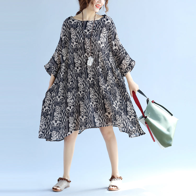 Elegantes florales Kniekleid aus Baumwollleinen, oversized Fledermausärmel, großer Saum, Leinen-Baumwollkleid, lässiger O-Ausschnitt, Cinched-Kleider
