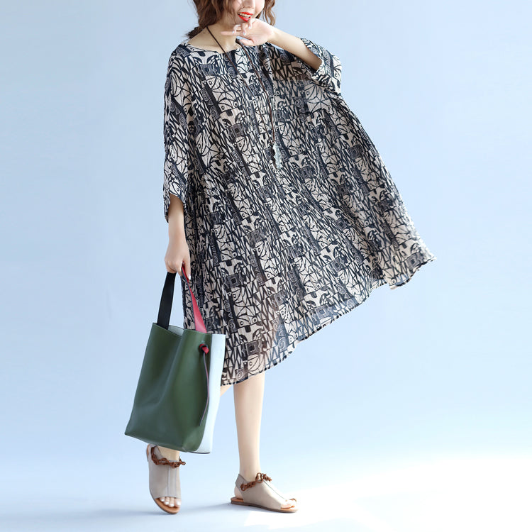 Elegantes florales Kniekleid aus Baumwollleinen, oversized Fledermausärmel, großer Saum, Leinen-Baumwollkleid, lässiger O-Ausschnitt, Cinched-Kleider