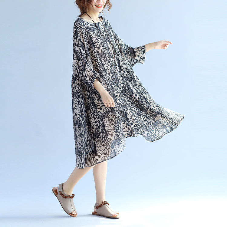 Elegantes florales Kniekleid aus Baumwollleinen, oversized Fledermausärmel, großer Saum, Leinen-Baumwollkleid, lässiger O-Ausschnitt, Cinched-Kleider