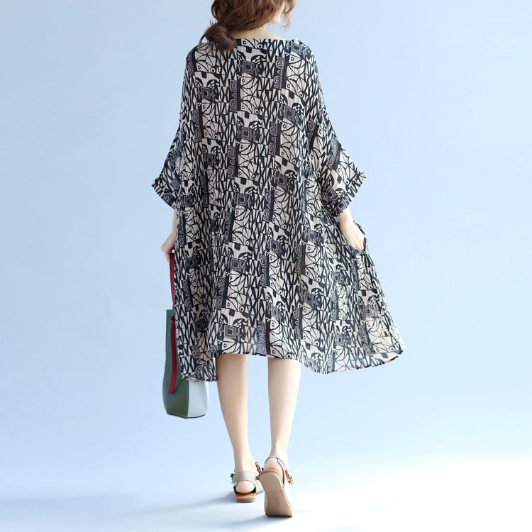 Elegantes florales Kniekleid aus Baumwollleinen, oversized Fledermausärmel, großer Saum, Leinen-Baumwollkleid, lässiger O-Ausschnitt, Cinched-Kleider