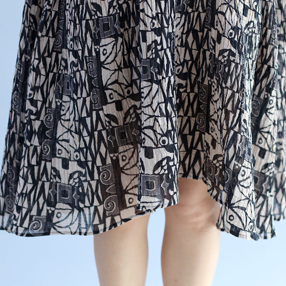 Elegantes florales Kniekleid aus Baumwollleinen, oversized Fledermausärmel, großer Saum, Leinen-Baumwollkleid, lässiger O-Ausschnitt, Cinched-Kleider
