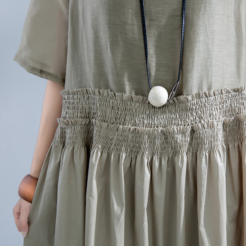 Elegante graue Kleider aus Baumwollleinen in Übergröße, elastischer Bund, Baumwollkleider, feines Leinenkleid mit Rundhalsausschnitt