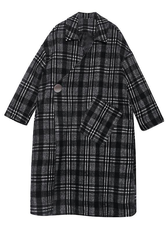 Elegant gray plaid Woolen Coat Women plus size Notched pockets long coats - SooLinen