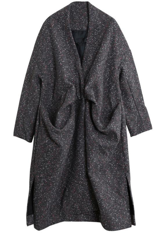 Elegant gray print woolen outwear oversized side open Winter coat - SooLinen