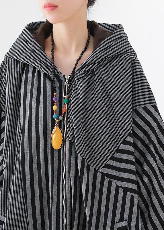 Elegant gray striped womens coats oversized winter hooded patchwork outwear - SooLinen