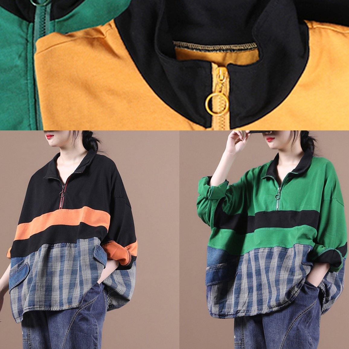 Elegant green Blouse lapel zippered Plus Size Clothing shirt - SooLinen