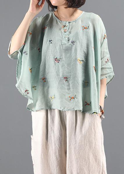 Elegant green embroidery tunic pattern o neck Batwing Sleeve Knee blouses - SooLinen