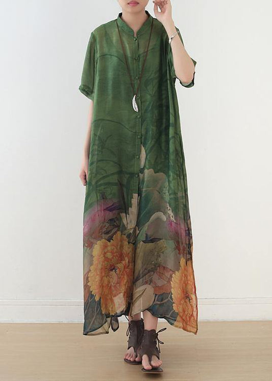 Elegant green print chiffon clothes 18th Century Fabrics stand collar side open Love Dress - SooLinen