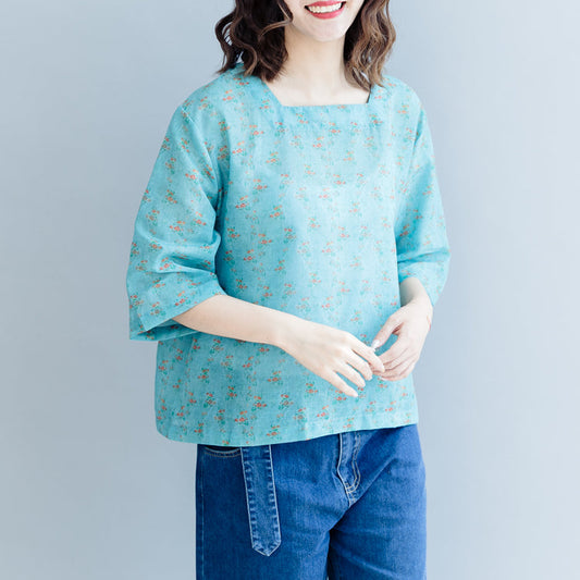 Eleganter grüner Print Baumwoll-Leinen-Pullover Plus Size Baumwoll-Leinen-Kleidung Tops Damen Halbarm Square Collar Tops