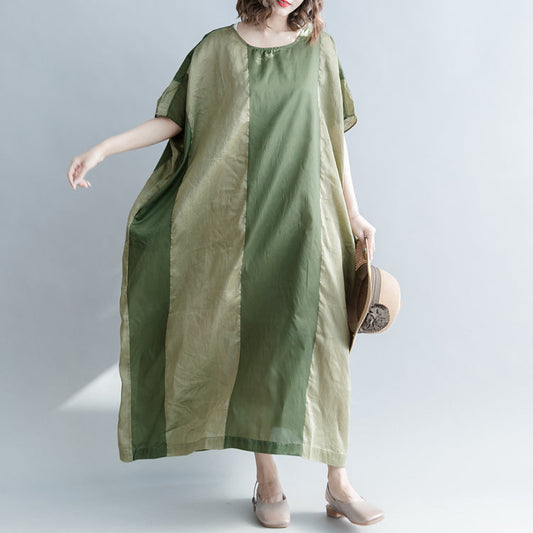Elegante grün gestreifte Leinen-Mischkleider, lässige O-Ausschnitt-Baggy-Kleider, Leinen-Mischkleidung, Vintage-Patchwork-Maxikleider mit Fledermausärmeln