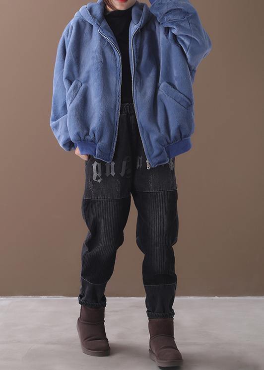 Elegant hooded Fashion winter outfit blue silhouette coat - SooLinen