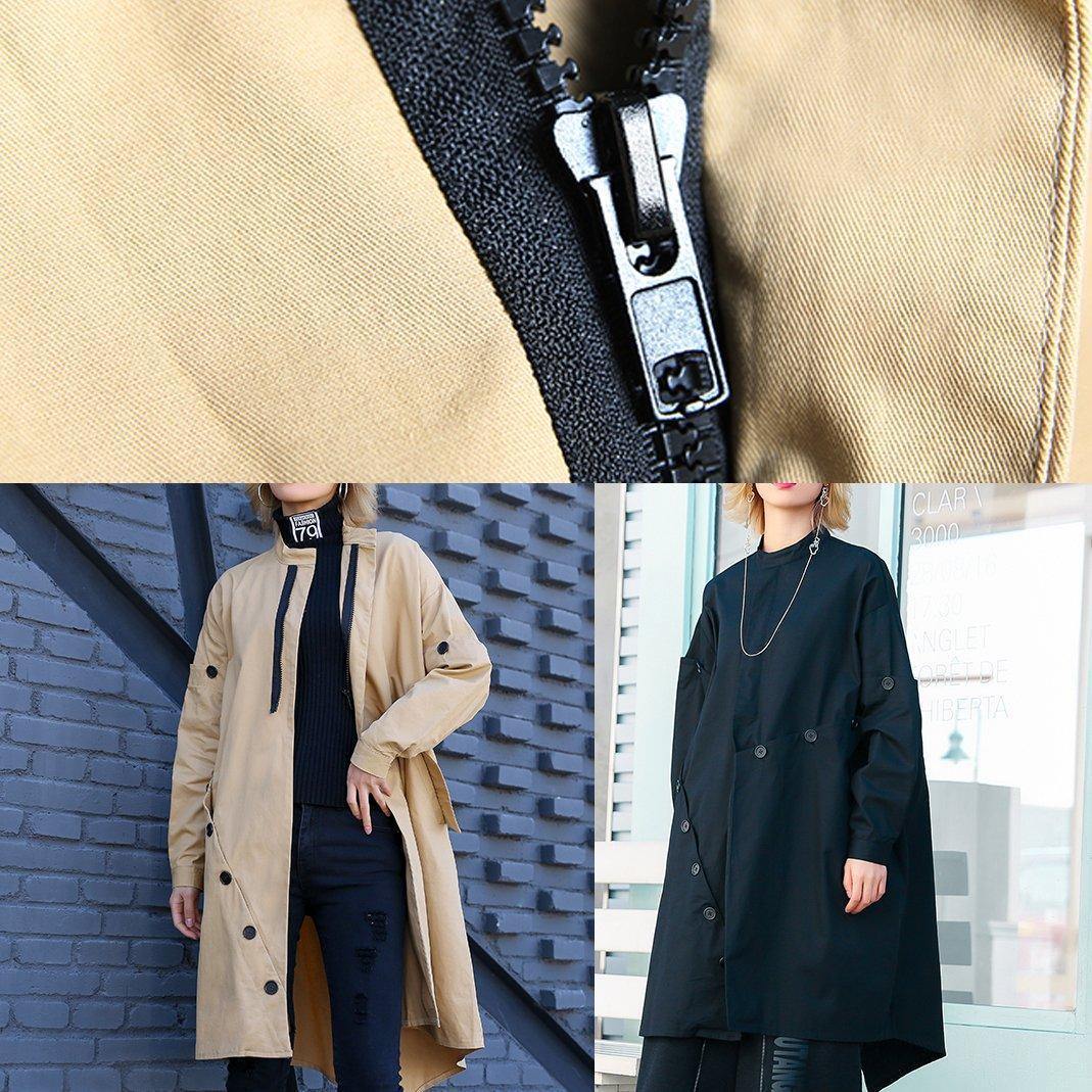 Elegant khaki Coat Women plus size medium length stand collar asymmetric coat - SooLinen