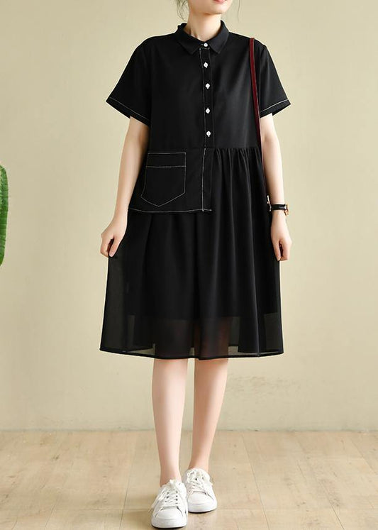 Elegant lapel patchwork tunics for women Wardrobes black Dress - SooLinen