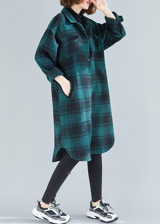 Elegant lapel pockets cotton clothes Christmas Gifts green plaid blouses - SooLinen