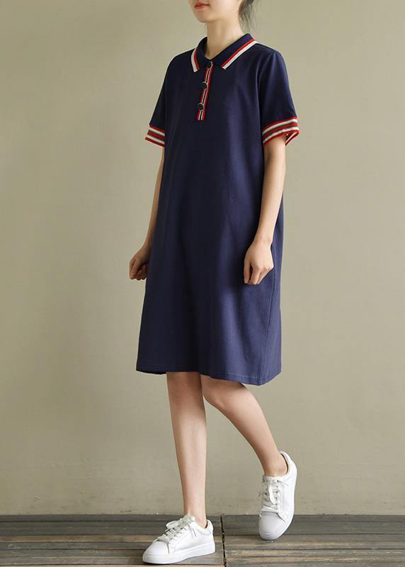 Elegant lapel short sleeve Cotton dresses Sewing navy Dresses summer - SooLinen