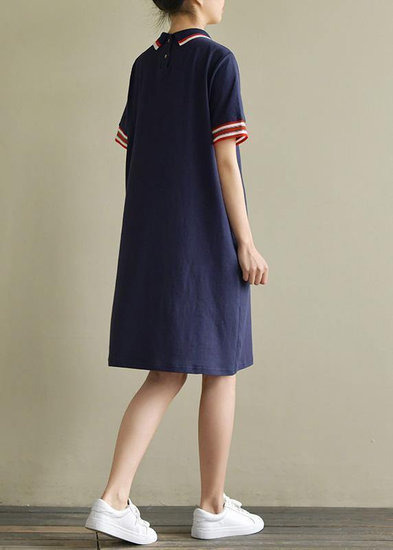Elegant lapel short sleeve Cotton dresses Sewing navy Dresses summer - SooLinen