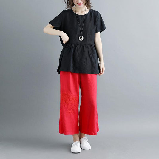 Elegante Leinenbluse in Übergröße, plissiert, Sommer, kurze Ärmel, Rundhalsausschnitt, lässig, schwarz