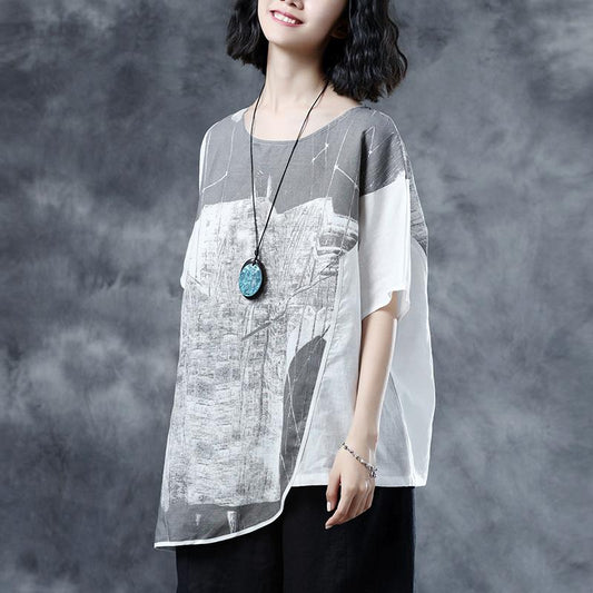 Elegantes Leinen Sommer Top lässig Kurzarm Abstraktes Muster Weiß Sommer Blusen Shirts