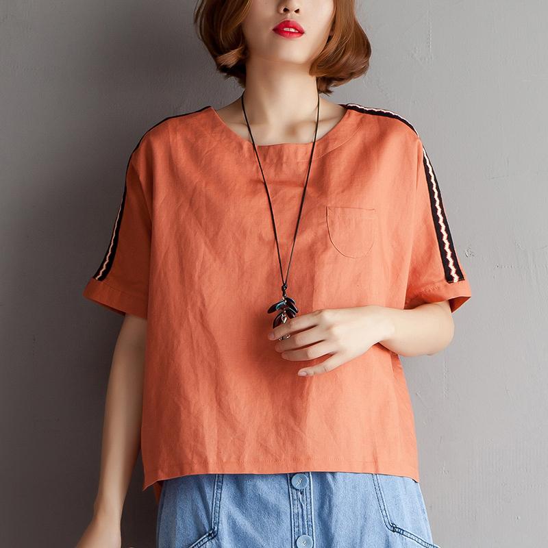 Elegantes T-Shirt aus natürlichem Baumwollleinen in Übergröße, High-Low-Saum, kurzärmelige Sommerbluse in Orange