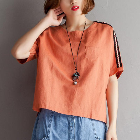 Elegantes T-Shirt aus natürlichem Baumwollleinen in Übergröße, High-Low-Saum, kurzärmelige Sommerbluse in Orange