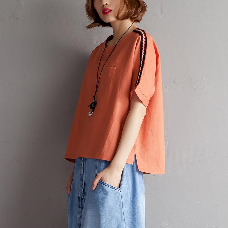 Elegantes T-Shirt aus natürlichem Baumwollleinen in Übergröße, High-Low-Saum, kurzärmelige Sommerbluse in Orange