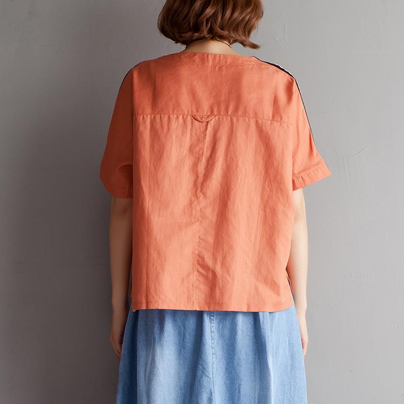 Elegantes T-Shirt aus natürlichem Baumwollleinen in Übergröße, High-Low-Saum, kurzärmelige Sommerbluse in Orange