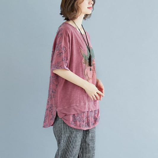 Elegantes T-Shirt aus natürlichem Leinen, locker sitzende Sommer-Stickerei, kurzärmelige, geschlitzte rosa Bluse