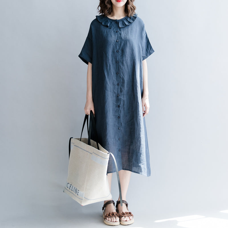 Elegantes marineblaues Baumwoll-Leinen-Kleid, lässiges Kleid, feines Kurzarm-Patchwork, Peter-Pan-Kragen, Taschen, Baumwoll-Leinen-Kleider