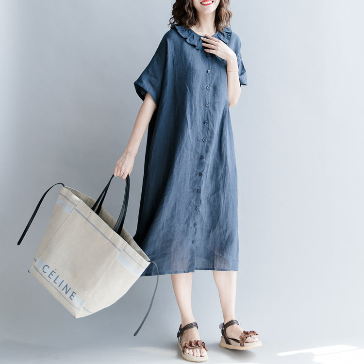 Elegantes marineblaues Baumwoll-Leinen-Kleid, lässiges Kleid, feines Kurzarm-Patchwork, Peter-Pan-Kragen, Taschen, Baumwoll-Leinen-Kleider