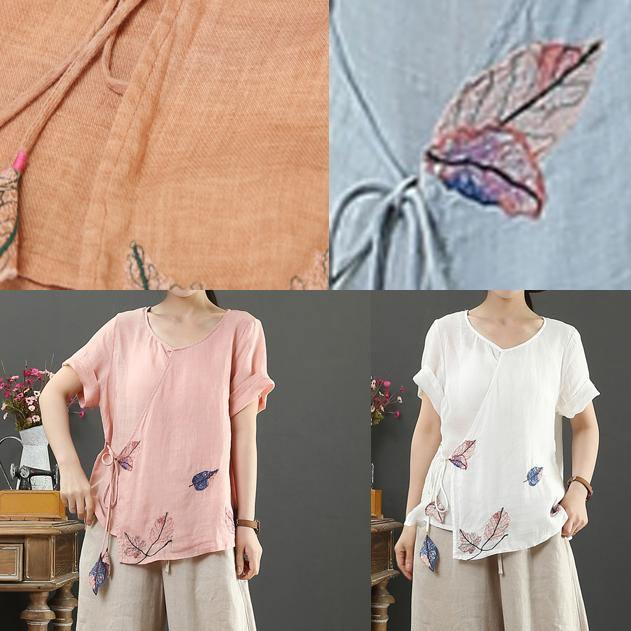 Elegant o neck short sleeve linen blouses for women Tutorials white print blouses - SooLinen