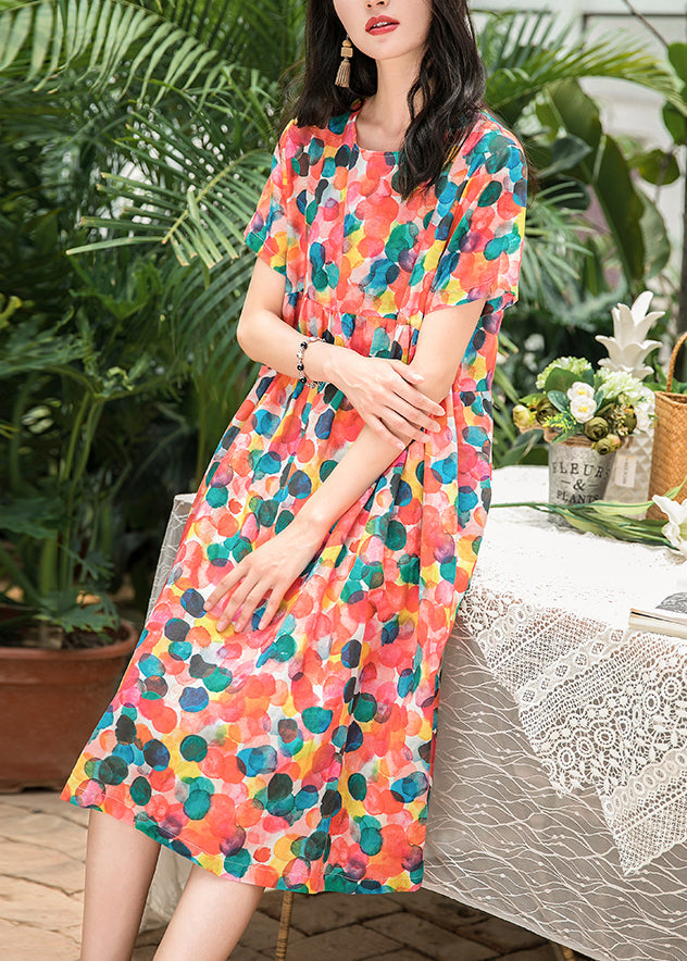 Elegante O-Ausschnitt-Leinenkleidung für Frauen in Übergröße Inspiration rosa Print übergroße Kleider Sommer
