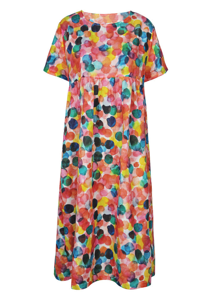 Elegante O-Ausschnitt-Leinenkleidung für Frauen in Übergröße Inspiration rosa Print übergroße Kleider Sommer