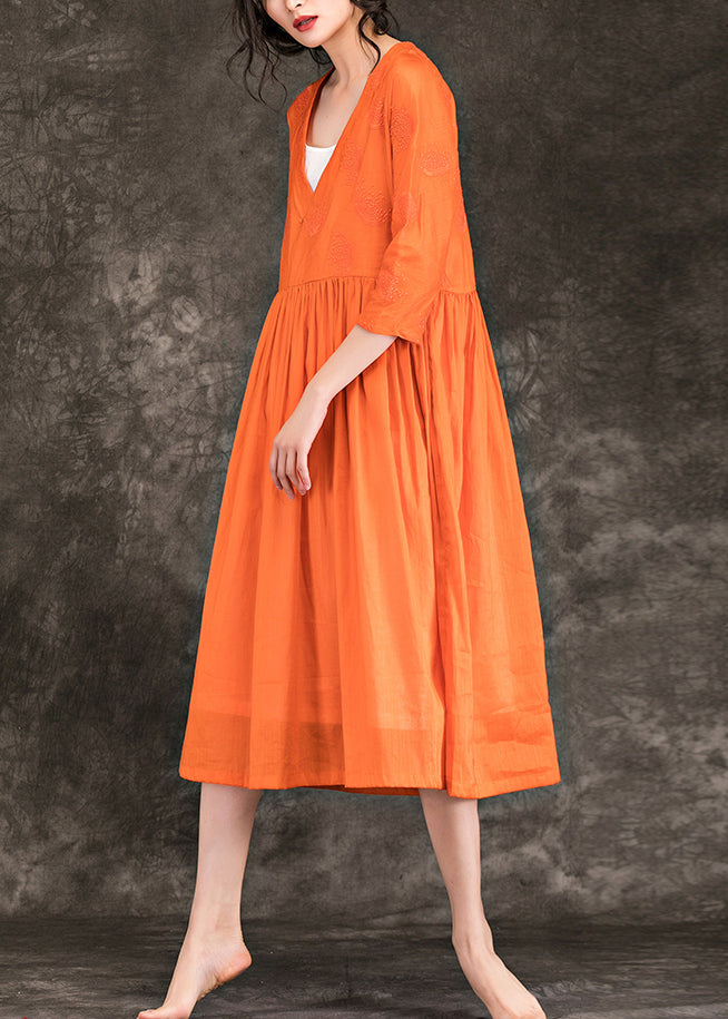 Elegant orange cotton linen Robes Vintage Inspiration v neck embroidery Robe Summer Dresses