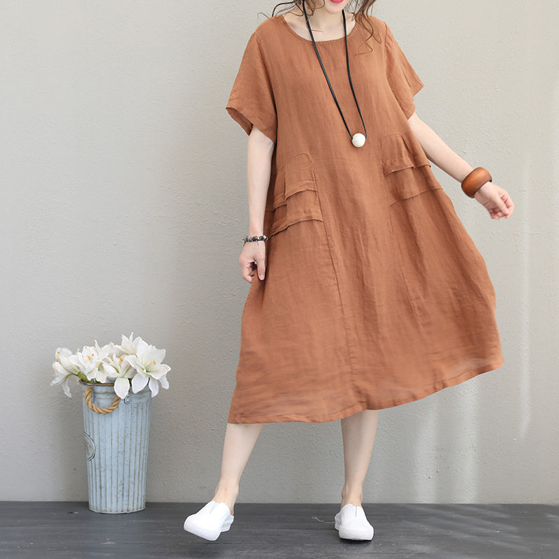 Elegante orange-khakifarbene Leinen-Etuikleider, übergroßes Leinen-Baumwollkleid 2018, Patchwork-Baumwollkleider mit Rundhalsausschnitt