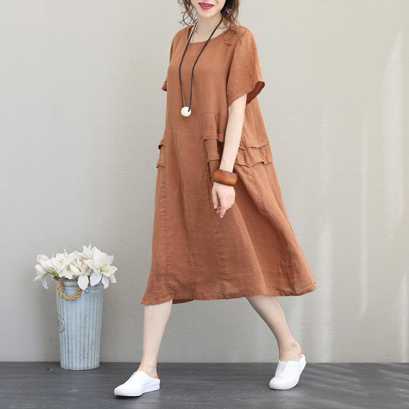 Elegante orange-khakifarbene Leinen-Etuikleider, übergroßes Leinen-Baumwollkleid 2018, Patchwork-Baumwollkleider mit Rundhalsausschnitt