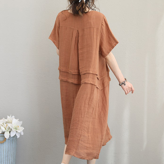 Elegante orange-khakifarbene Leinen-Etuikleider, übergroßes Leinen-Baumwollkleid 2018, Patchwork-Baumwollkleider mit Rundhalsausschnitt