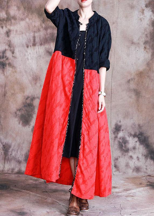 Elegant oversized long coat fall black patchwork red Jacquard pockets overcoat - SooLinen