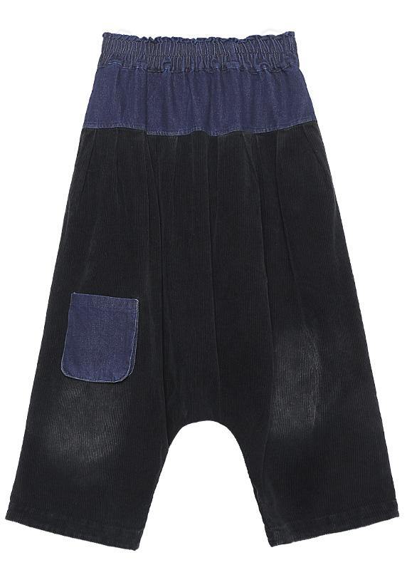 Elegant patchwork wild trousers plus size clothing black Fabrics pockets pants - SooLinen