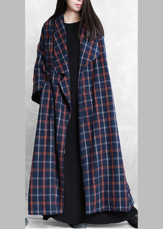 Elegant plus size Coats blue plaid Notched tie waist wool coat for woman - SooLinen