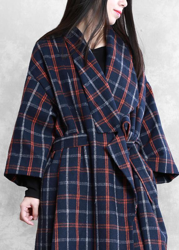 Elegant plus size Coats blue plaid Notched tie waist wool coat for woman - SooLinen